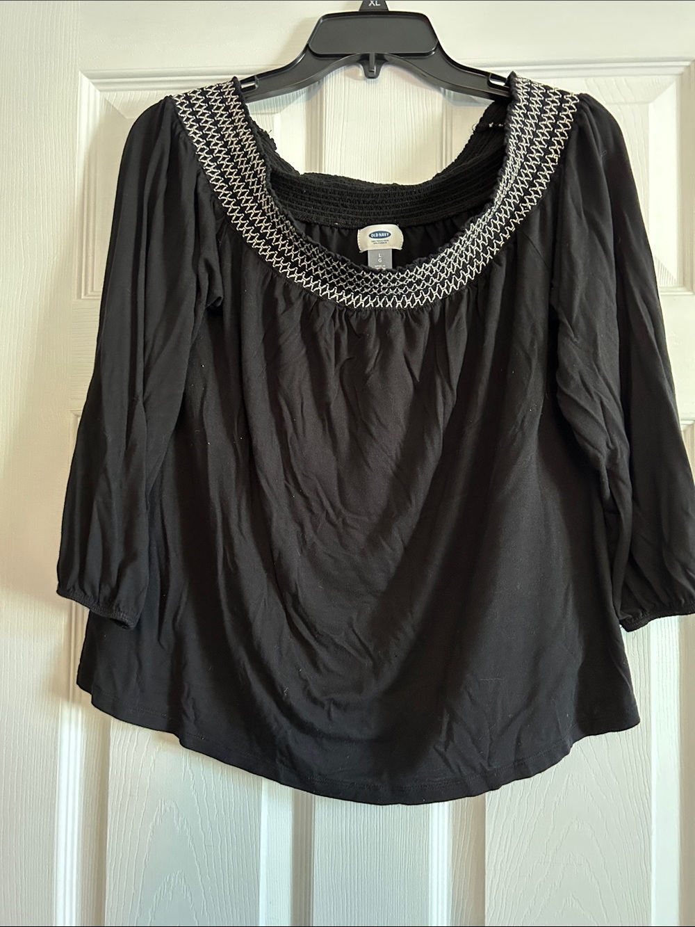 Old Navy Black Peasant Top with White Embroidered Neckline